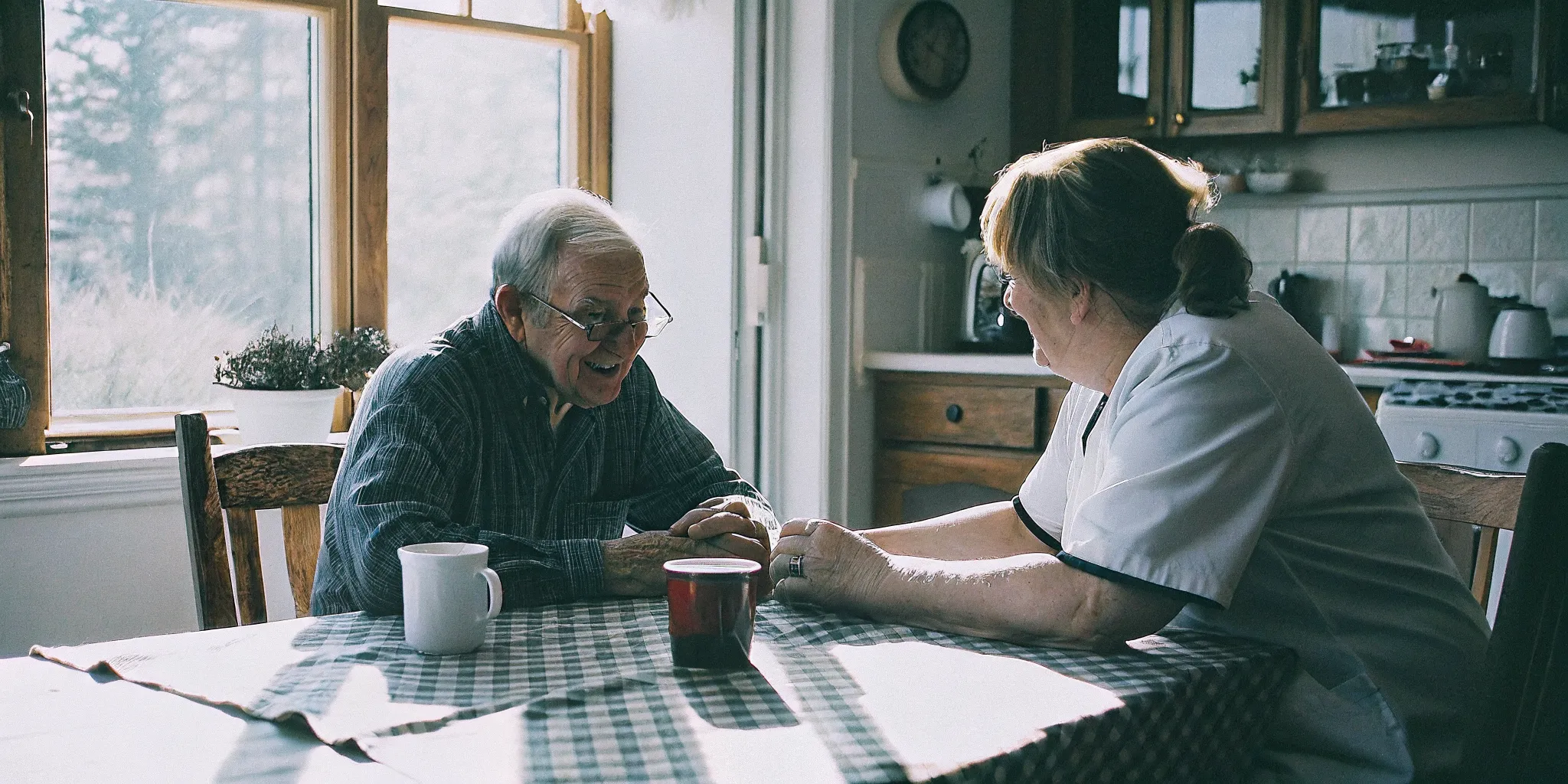 Senior man and caregiver sharing tea and conversation at a kitchen table