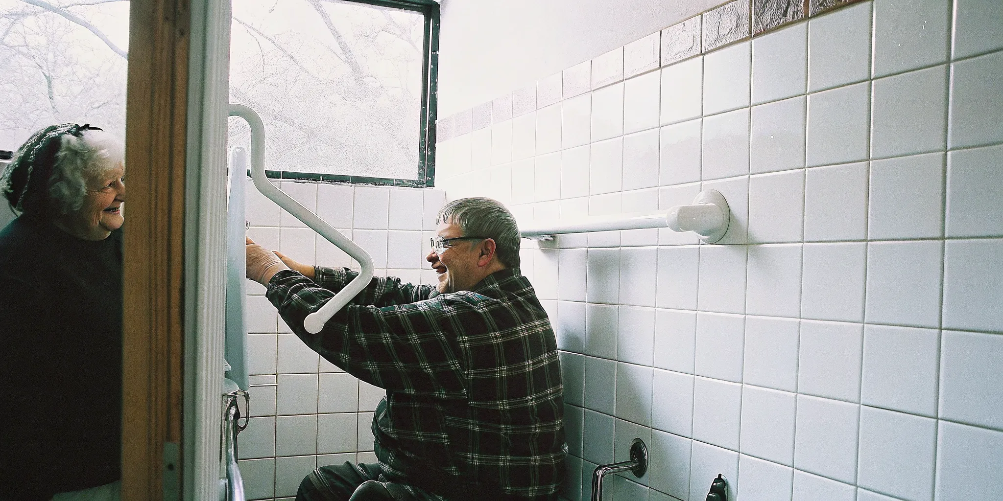 Caregiver installing a grab bar in a bright bathroom while an older adult sits nearby