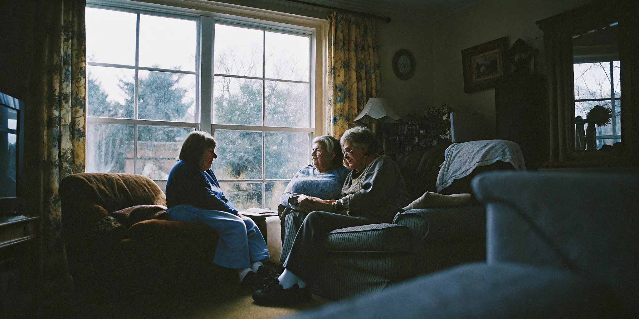 Compassionate caregiver sitting with a senior and their adult child in a bright living room, warm conversation about care options