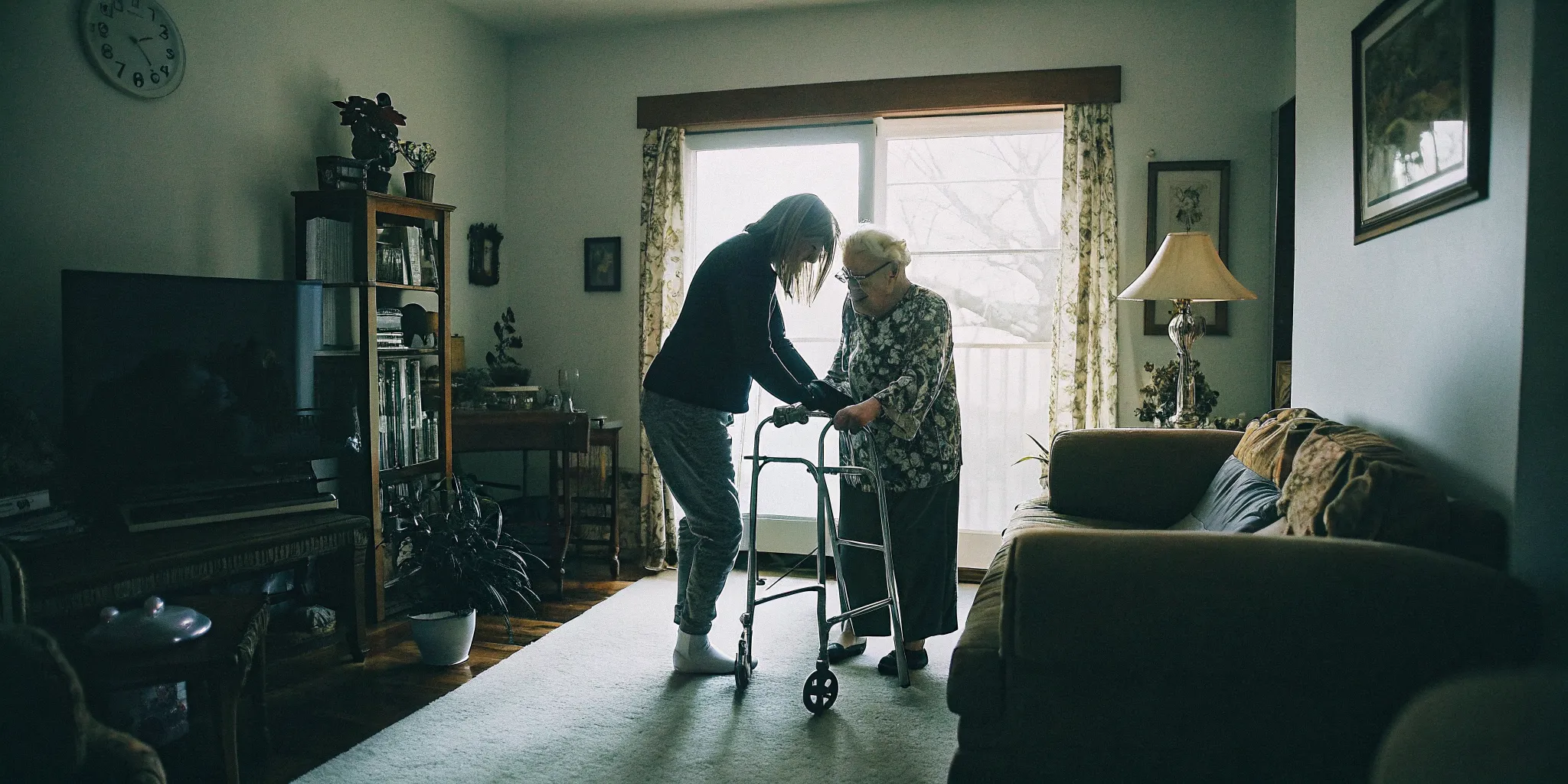 Caregiver helping senior woman walk safely with a walker in a bright living room