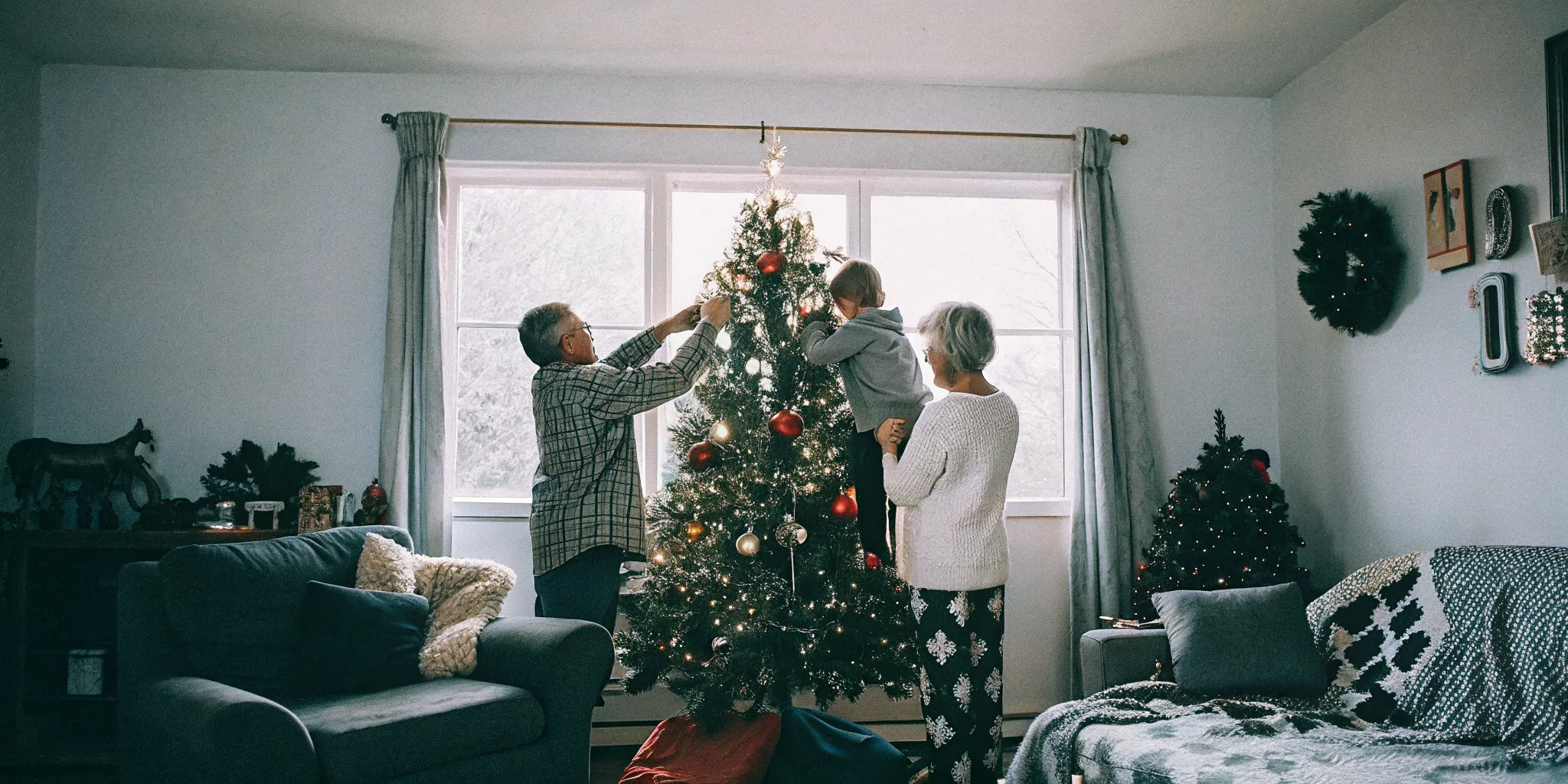 Multigenerational family decorating a Christmas tree together in a cozy living room