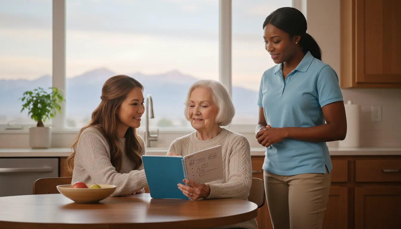 Family reviewing how much in home senior care costs in Aurora with a caregiver