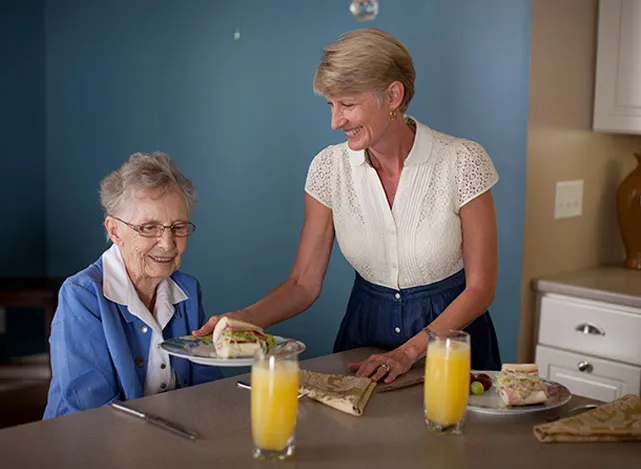 Caregiver preparing a nutritious meal for an older adult at home