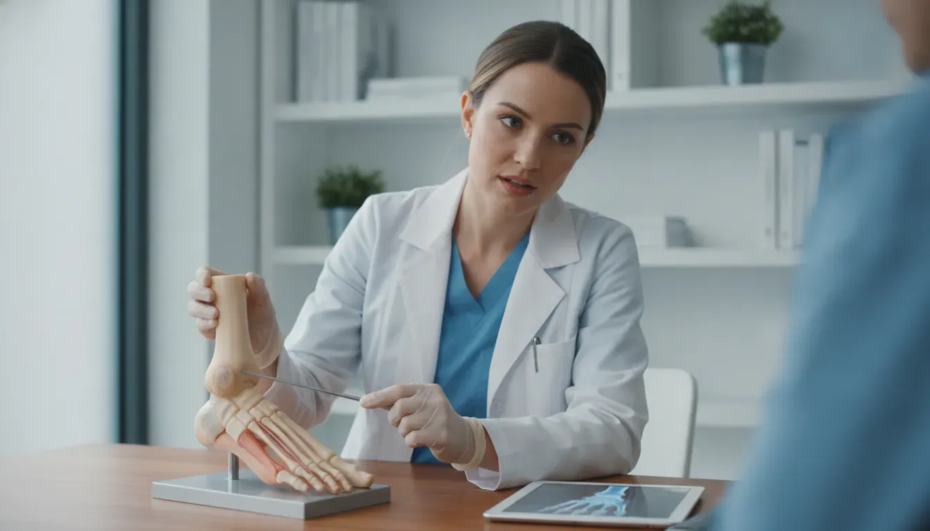 A podiatrist explaining bunion structure and severity using a foot anatomical model in a Katy clinic