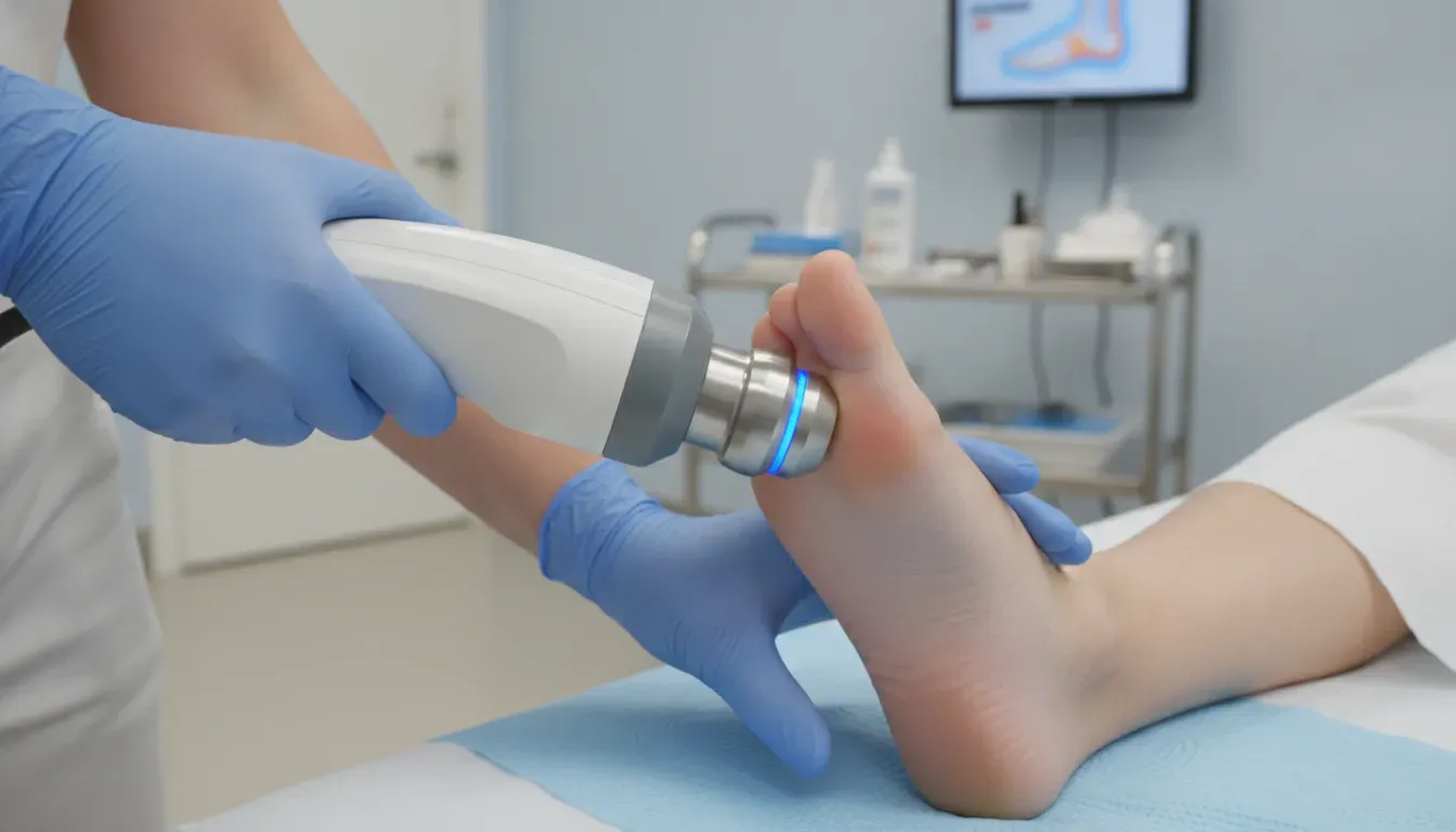 An EPAT shockwave therapy procedure being performed on a patient's heel to relieve chronic plantar fasciitis pain