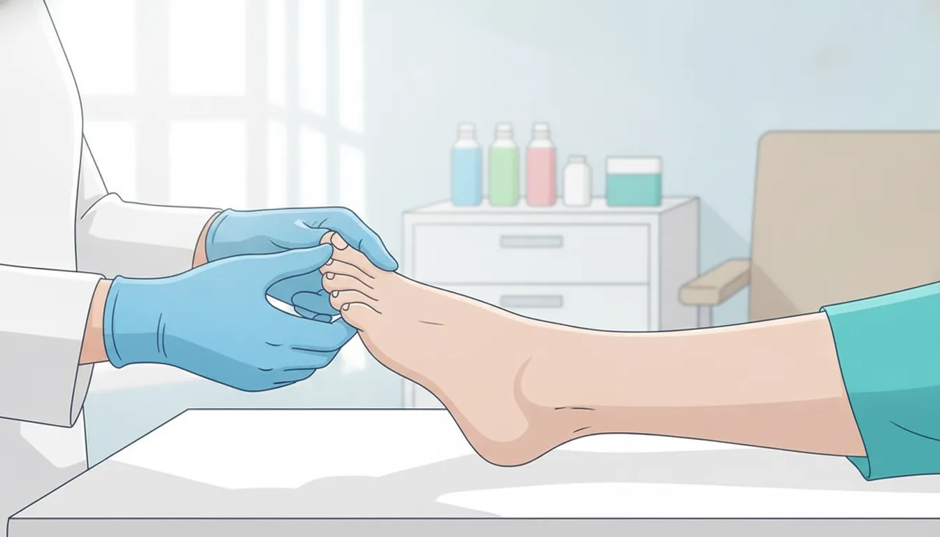 Podiatry clinician examining a woman's foot for sudden joint pain