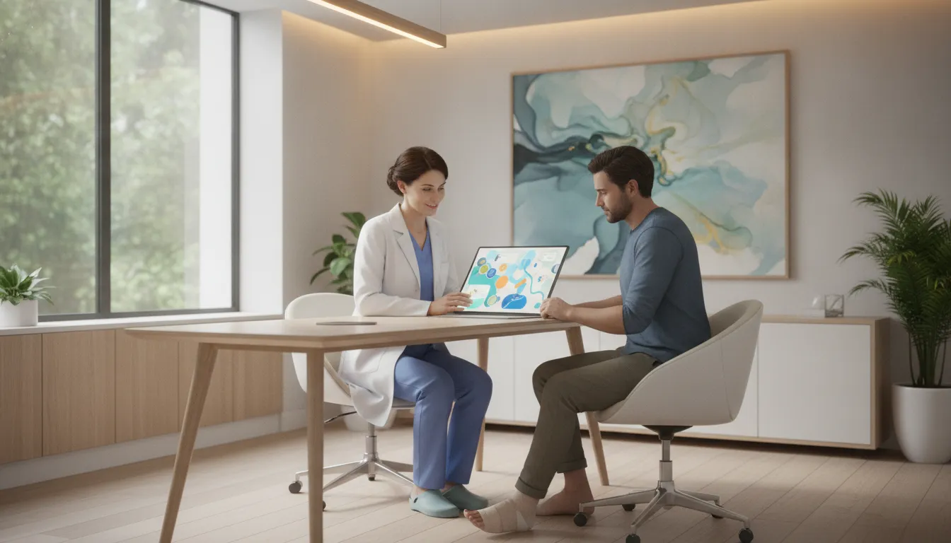 Podiatric surgeon discussing the foot surgery recovery plan with a patient