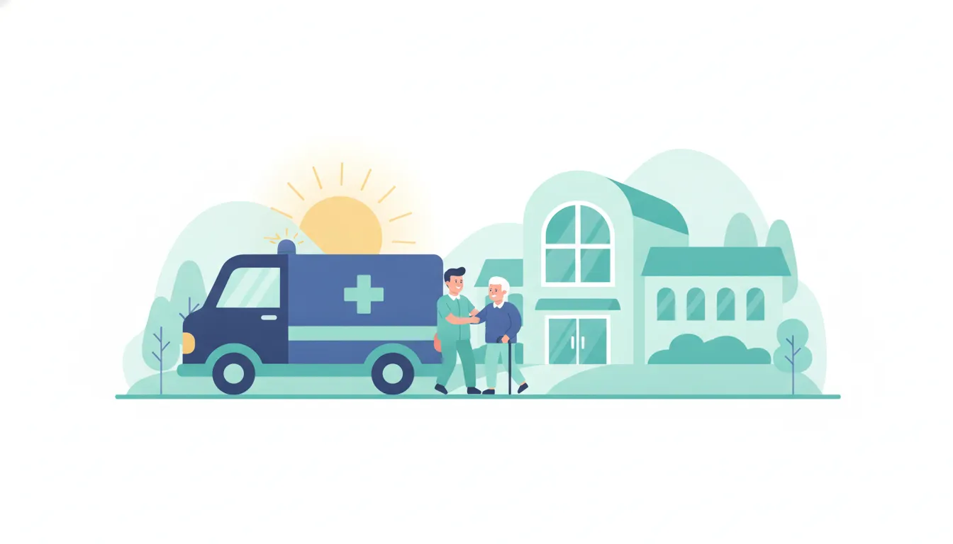 Ilustración vectorial plana de una ambulancia que llega cerca de un hospital con una persona mayor y un paramédico