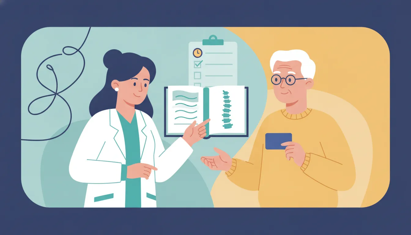 Persona mayor que revisa con un proveedor de atención médica una lista de verificación de cobertura quiropráctica de Medicare
