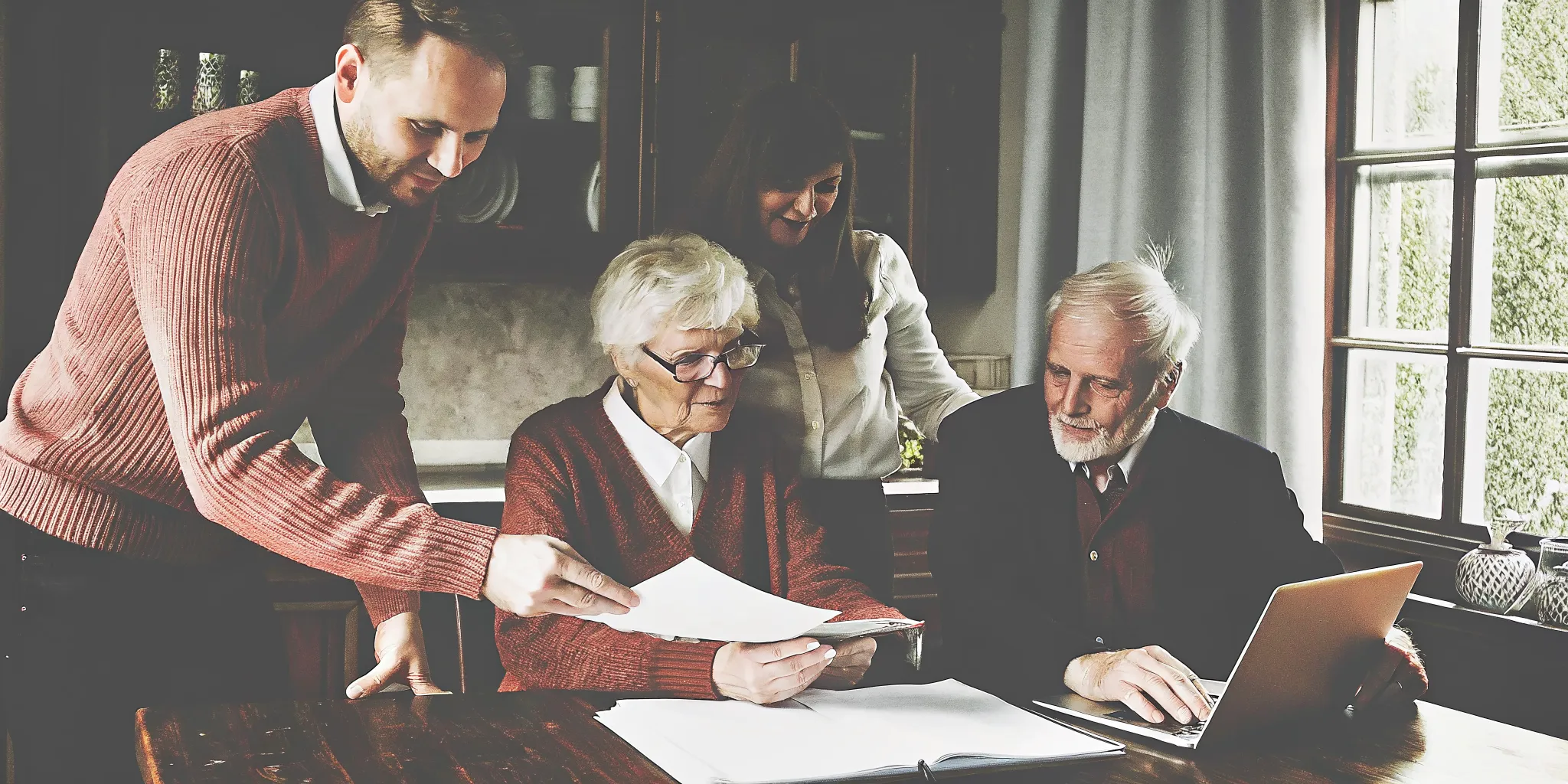 Adult son helping elderly parents review Medicare paperwork at home