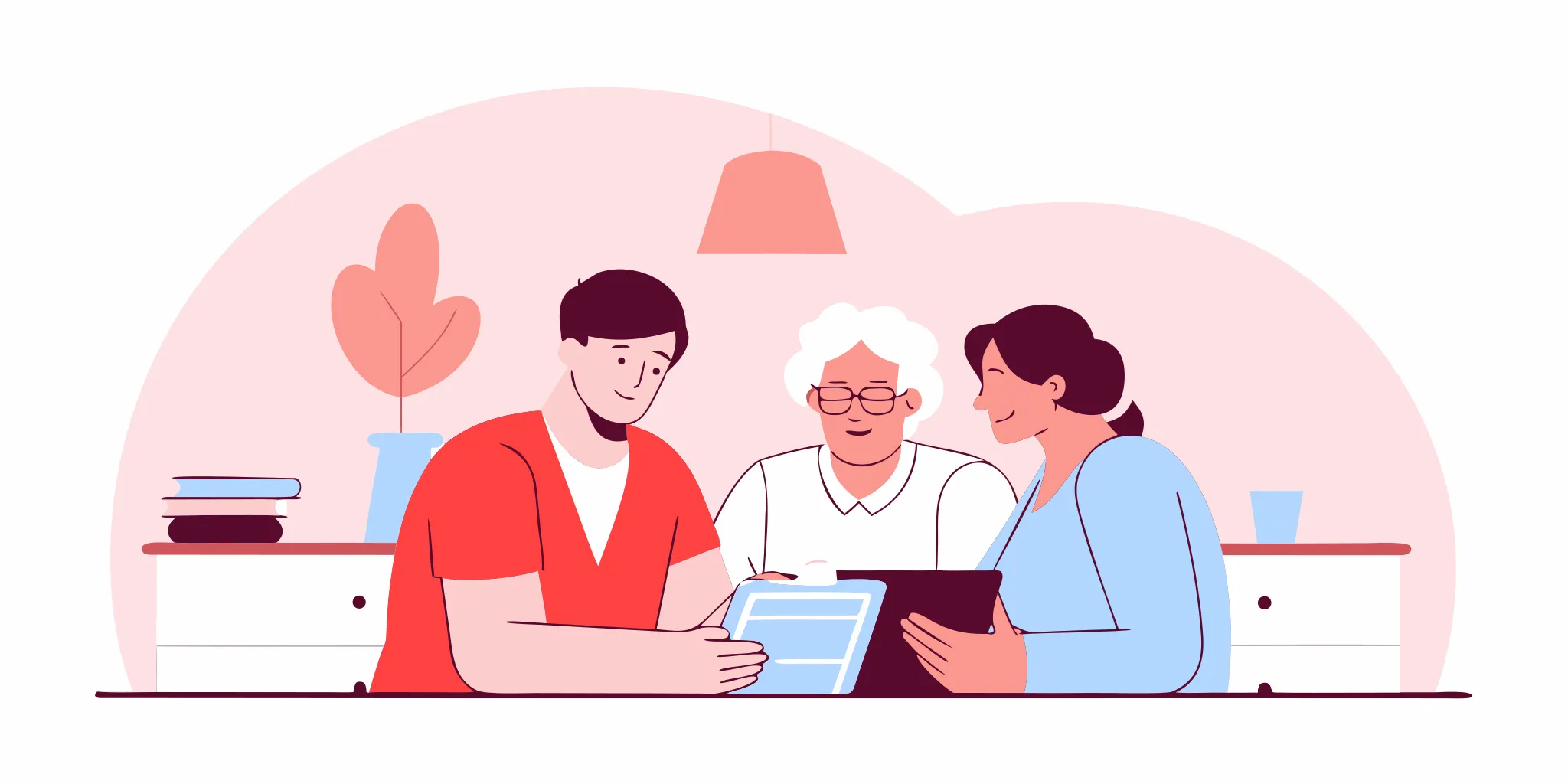 Adult children reviewing Medicare plan options on a tablet with elderly parents at home