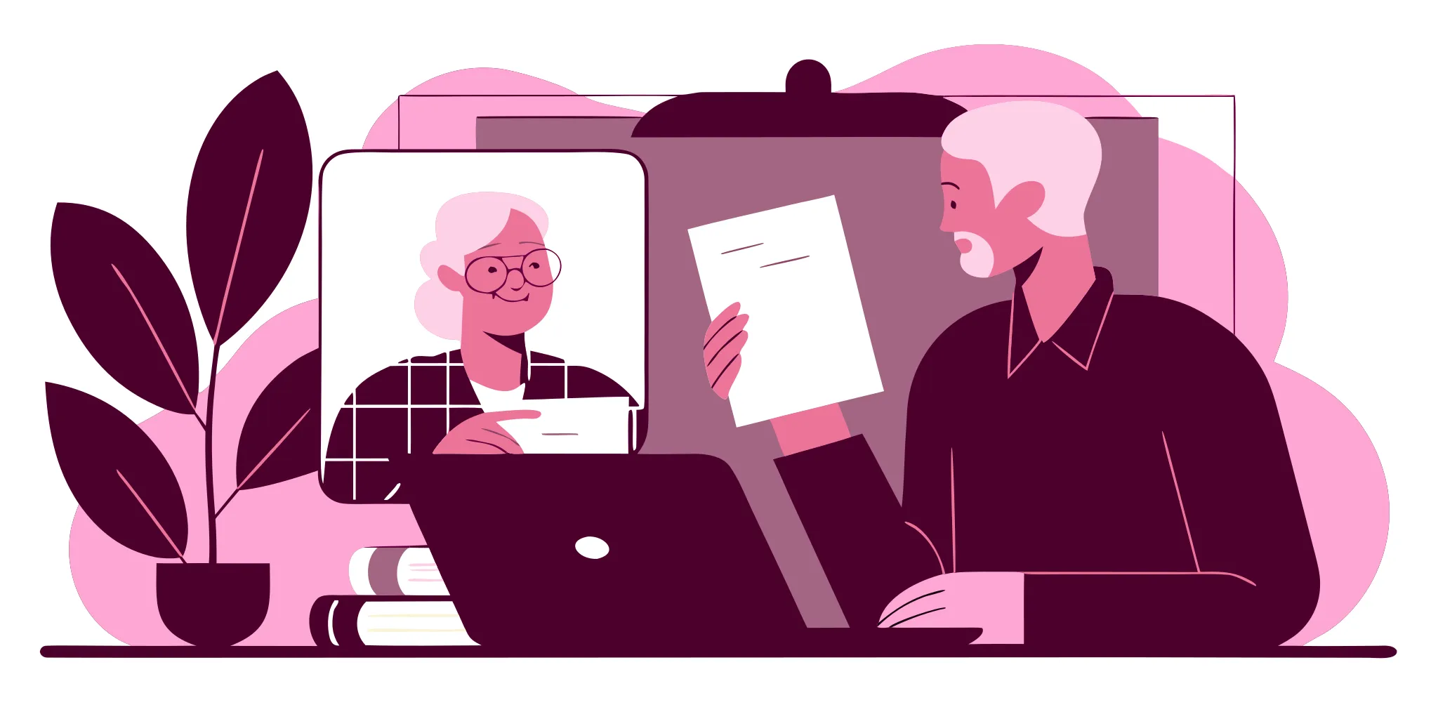 Retired man reviewing appeal paperwork at home with an insurance advisor on a video call