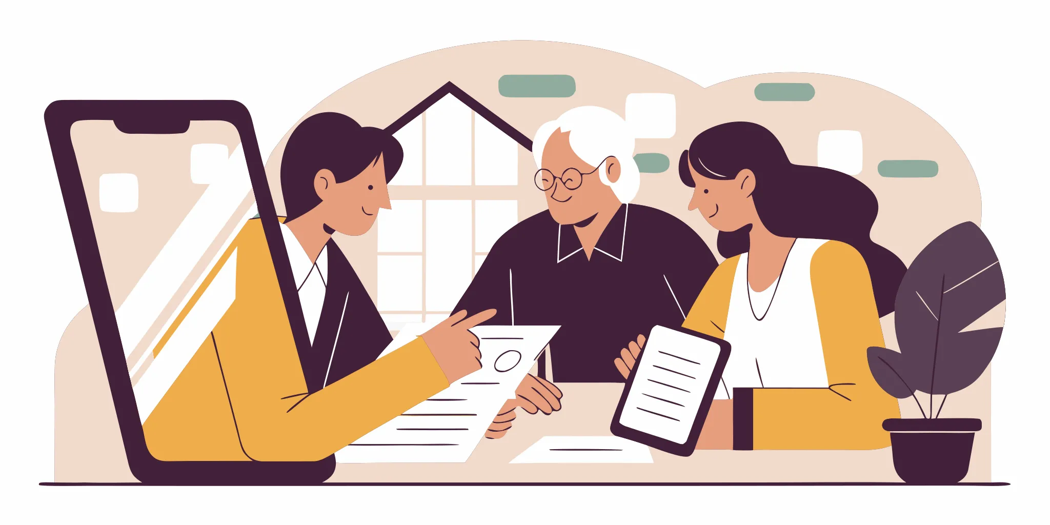 Licensed Medicare advisor reviewing a premium notice with a retired couple at a kitchen table