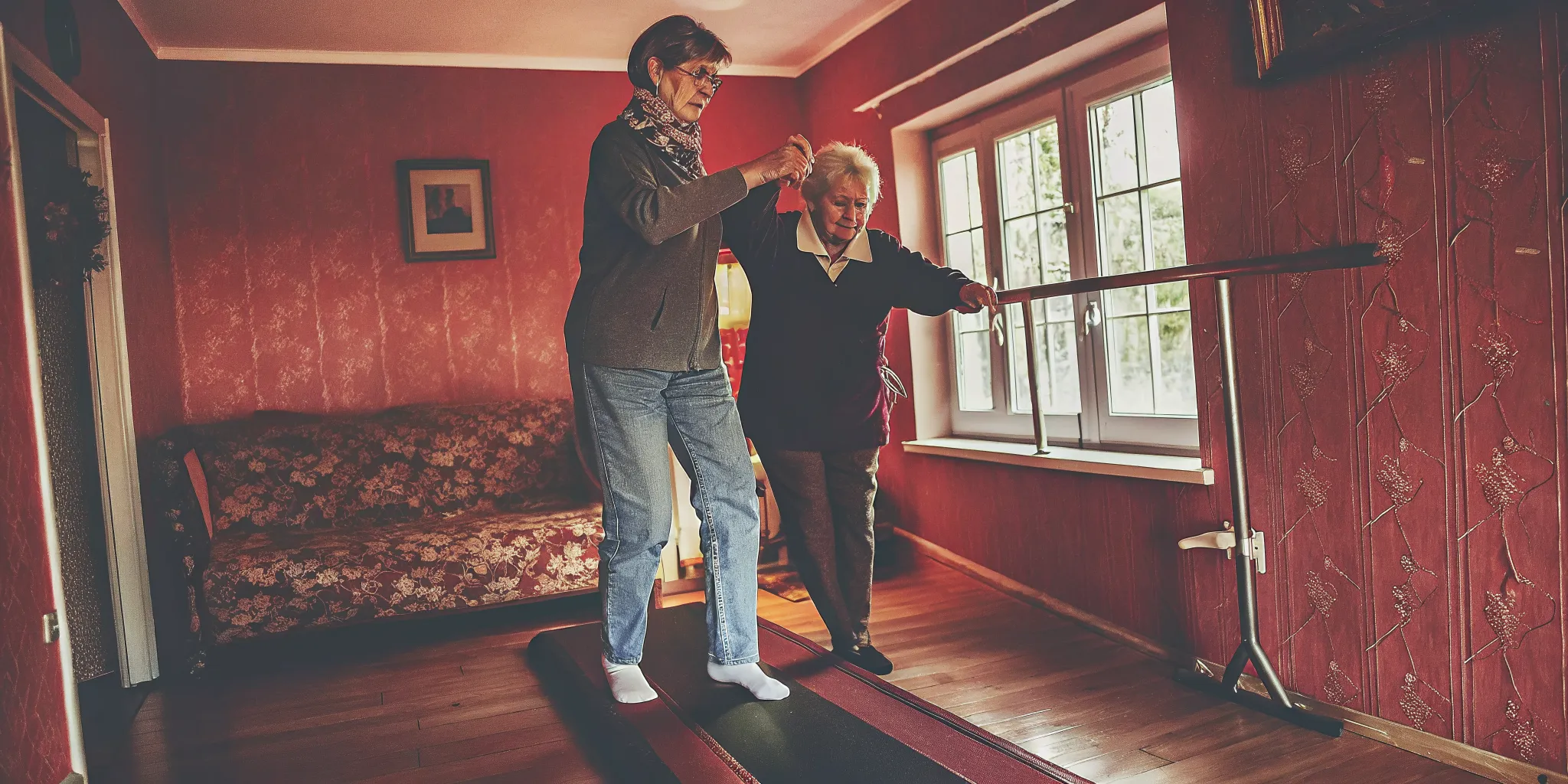 Senior patient working with a physical therapist at home to regain strength and balance after an injury