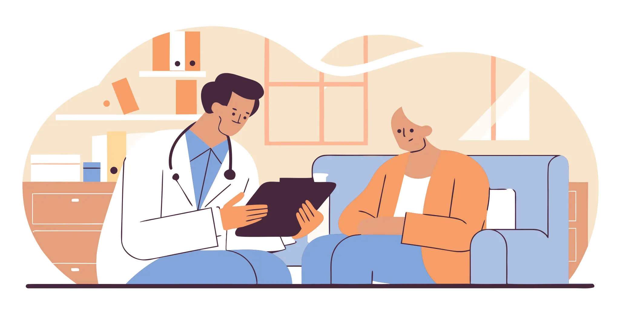 Doctor and senior patient reviewing health information on a tablet in a medical office