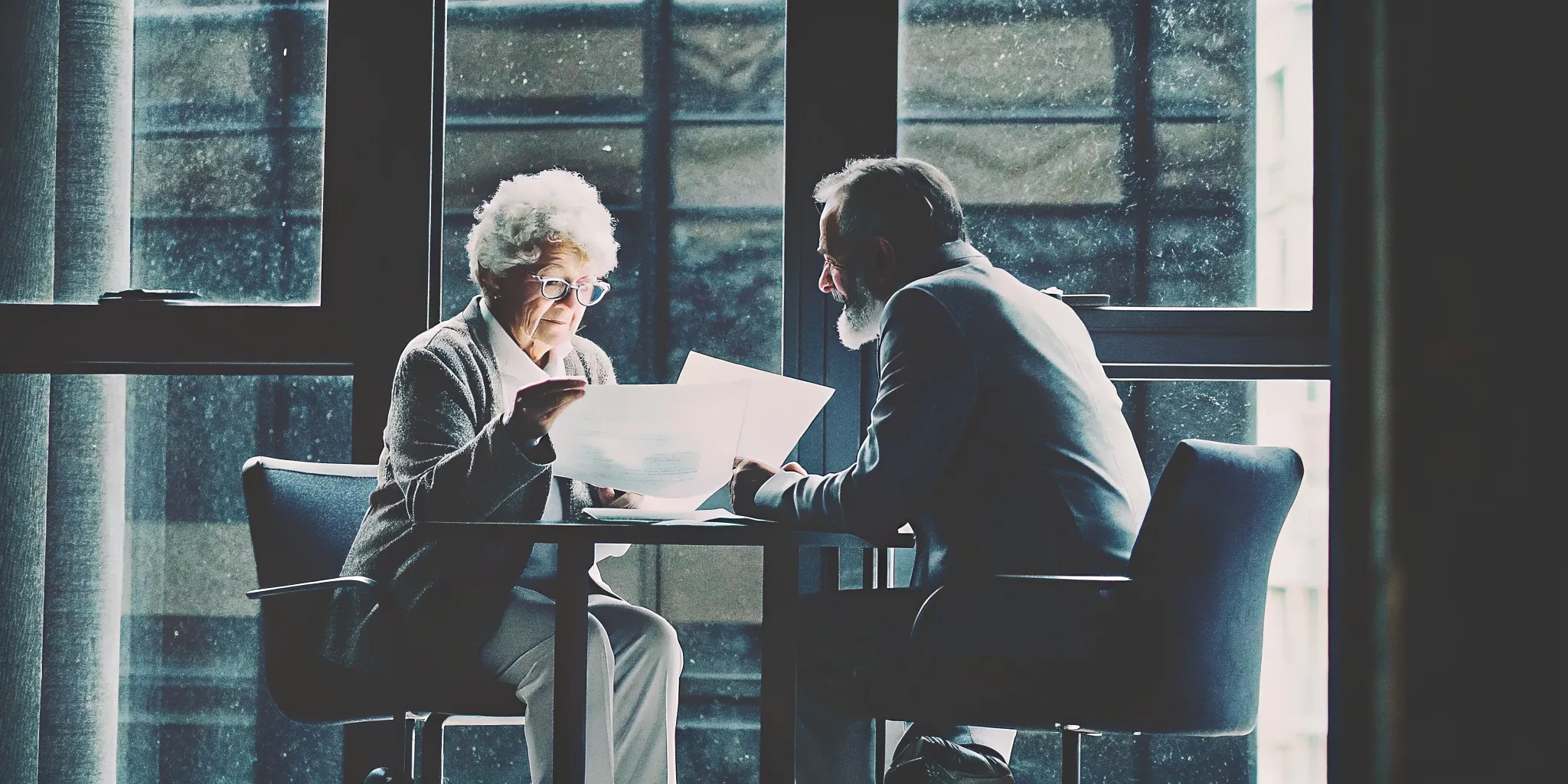 Older adult reviewing a Medicare enrollment calendar with an insurance agent