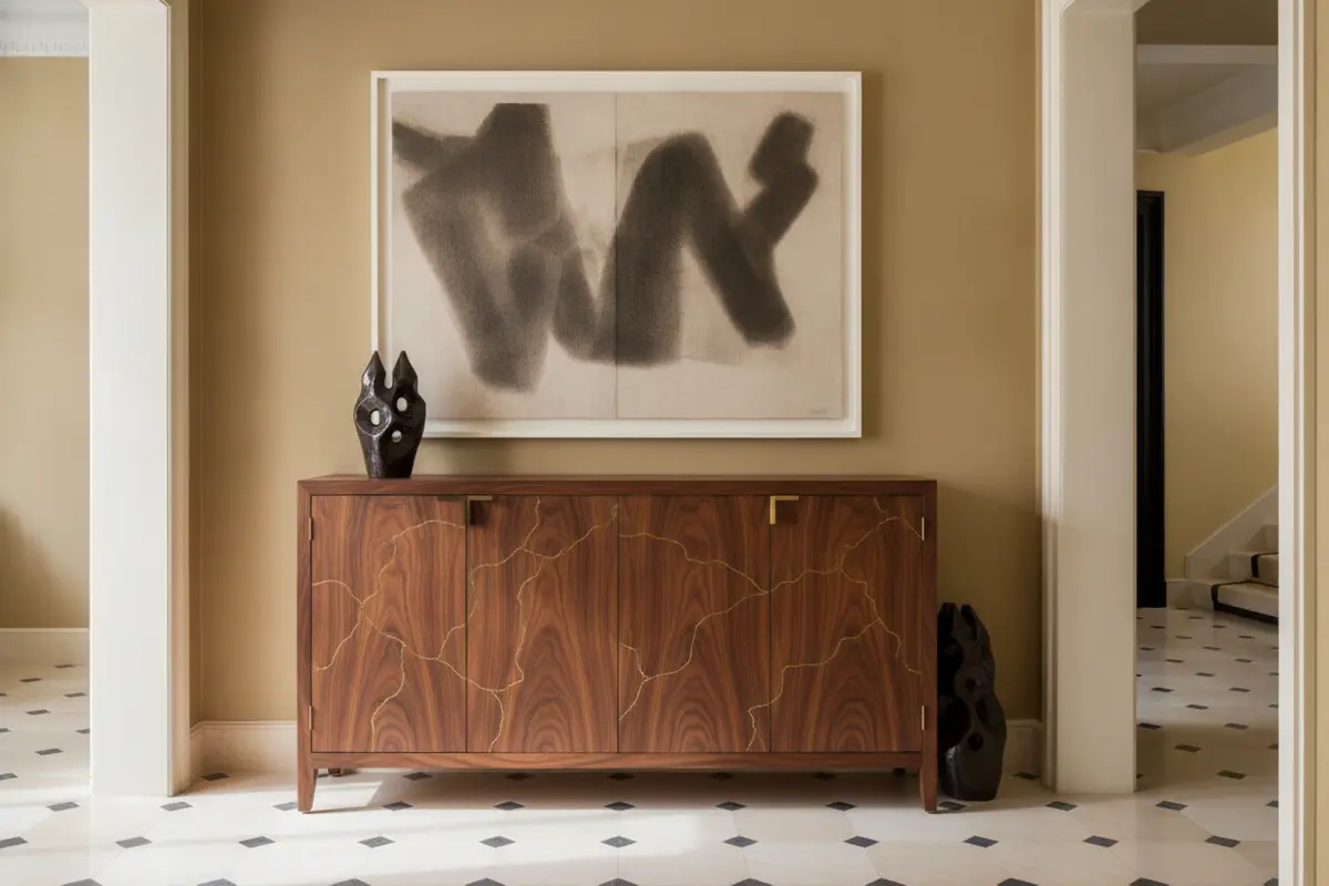 A bespoke wood cabinet placed thoughtfully beside artwork in a refined interior.