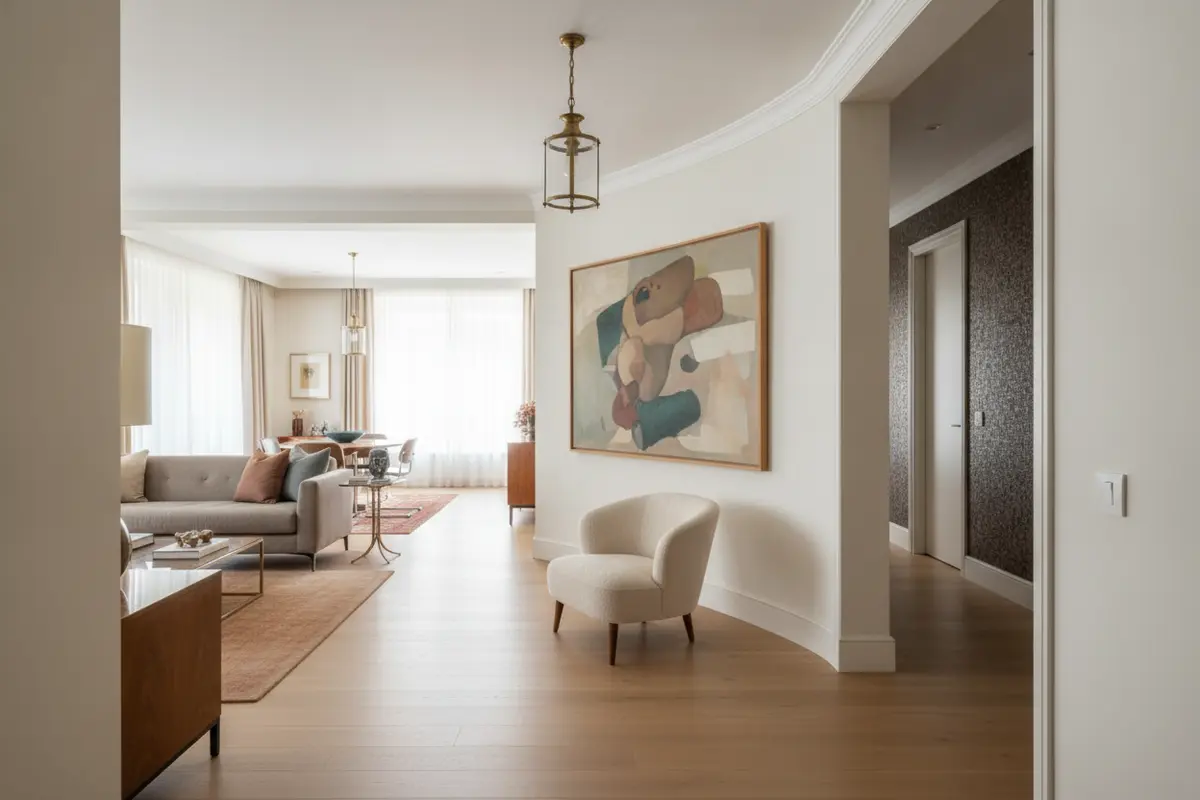 A clear route past a painting with a chair nearby for pausing and looking