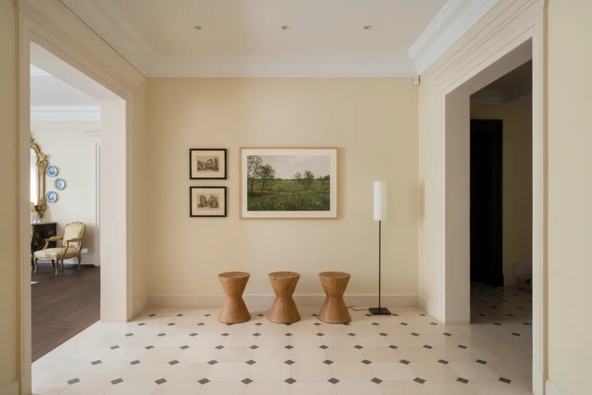 A flexible residential art wall with considered lighting, generous clearance, and a changing group of framed works