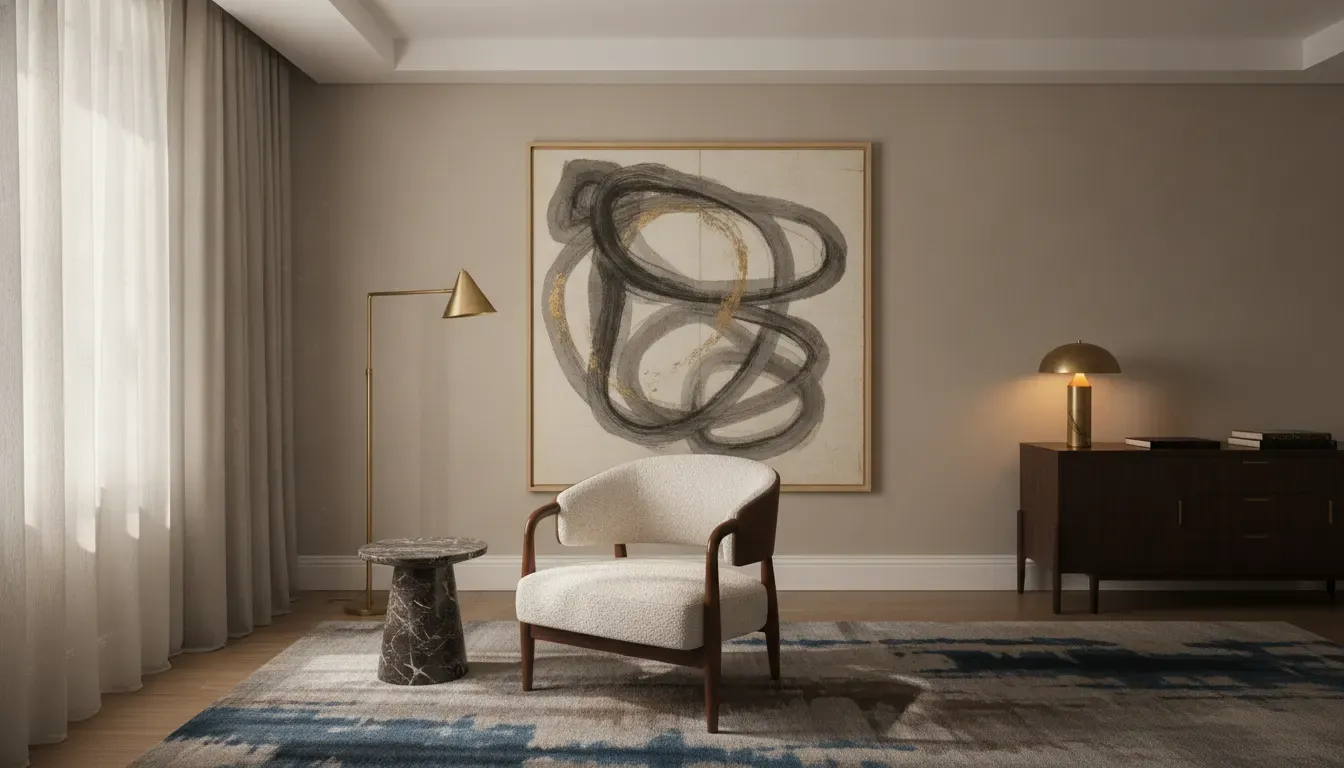 Art-filled sitting room using anti-trend interior design principles of proportion and materiality