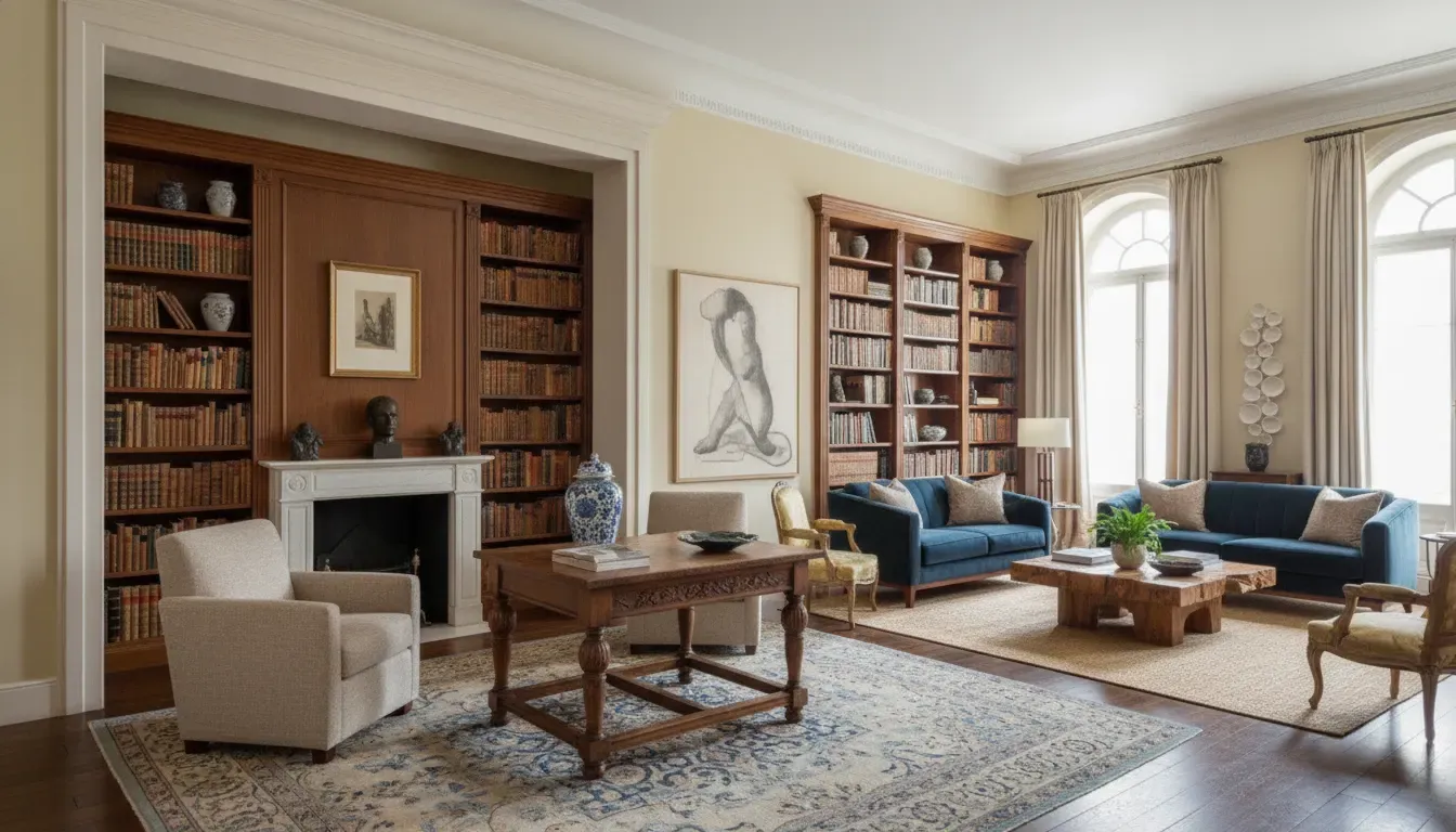 Timeless anti-trend interior design with restored furniture and artisan pieces
