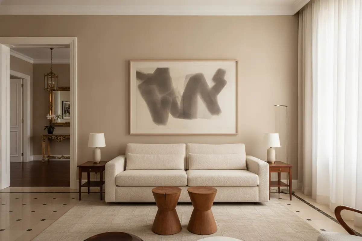 Artwork, sofa, wall space, and doorway sightline considered together in a private residence