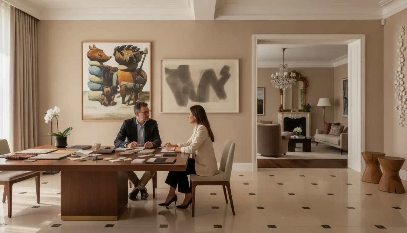 Designer and art collector reviewing materials during an interior design commission