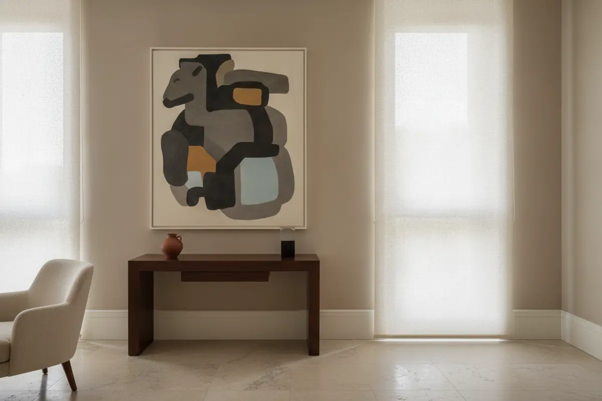 Contemporary art in a living room with softly filtered daylight