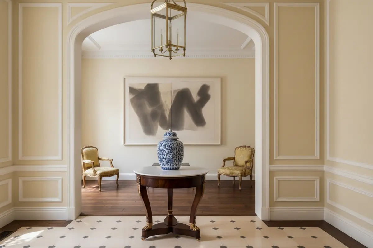 Contemporary artwork placed in relation to original paneling in a historic townhouse