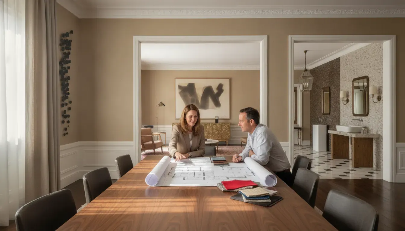 On-site bespoke interior design consultation with material samples in an art-filled residence