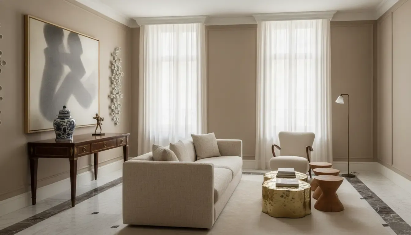 Luxury interior design New York portfolio showing art, furniture, and layered materials