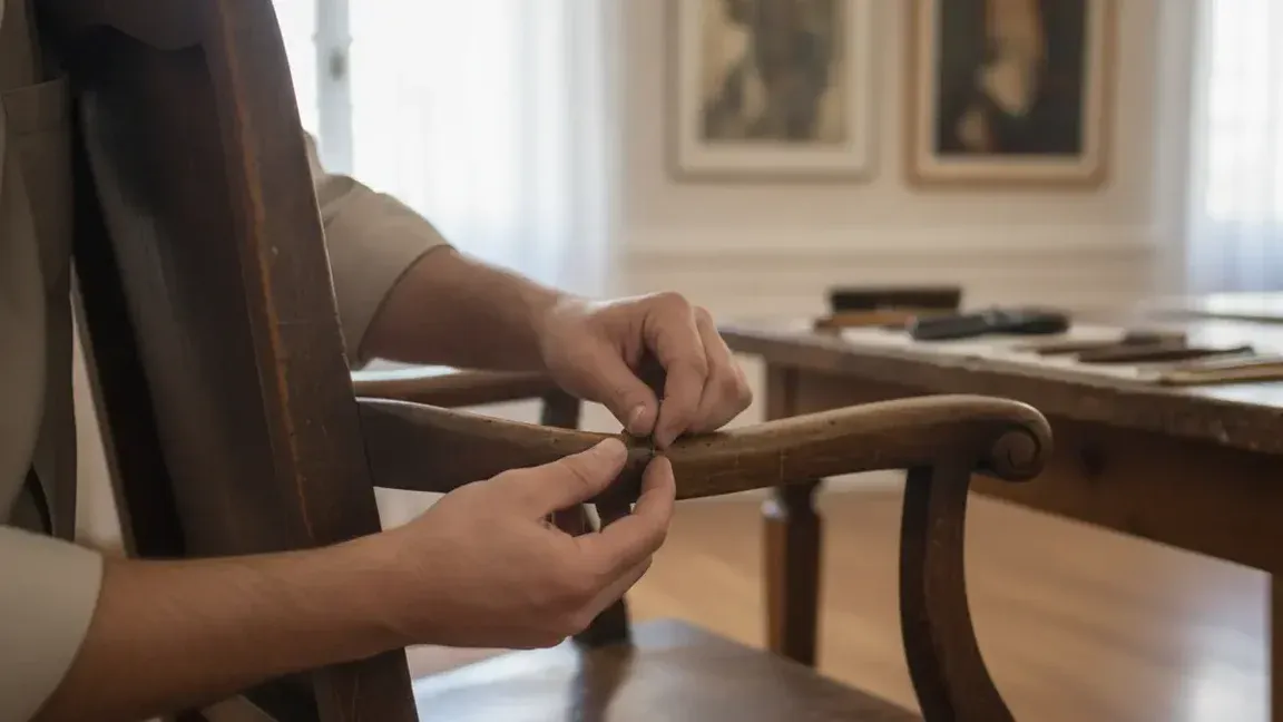 Close inspection of an heirloom chair's aged finish and joints