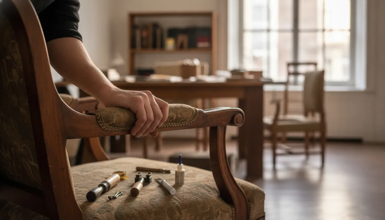 Careful assessment of an antique wood cabinet during restoration