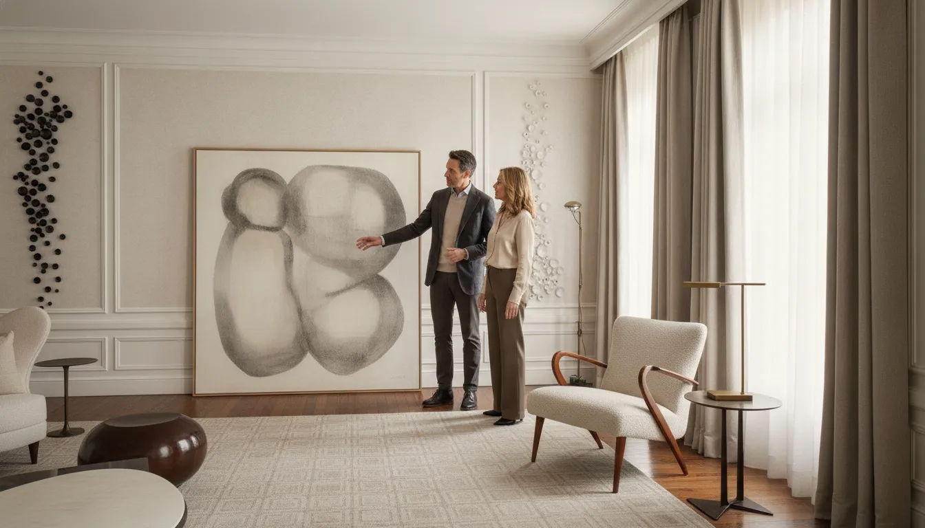 Interior designer and homeowner discussing artwork in a New York residence