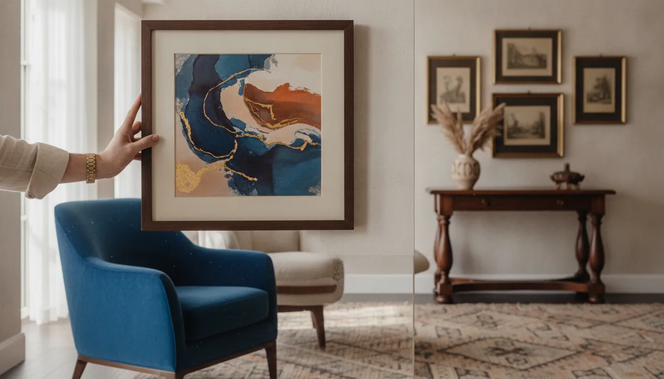 Designer positioning a framed artwork on the wall of a collector's residence