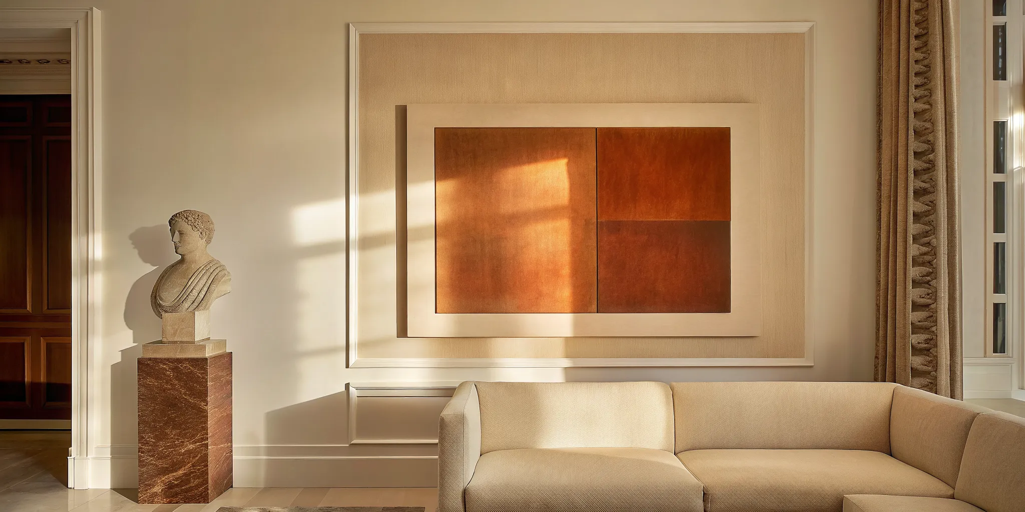 interior design for art collectors: gallery-style living room with an abstract canvas lit above a bespoke sofa