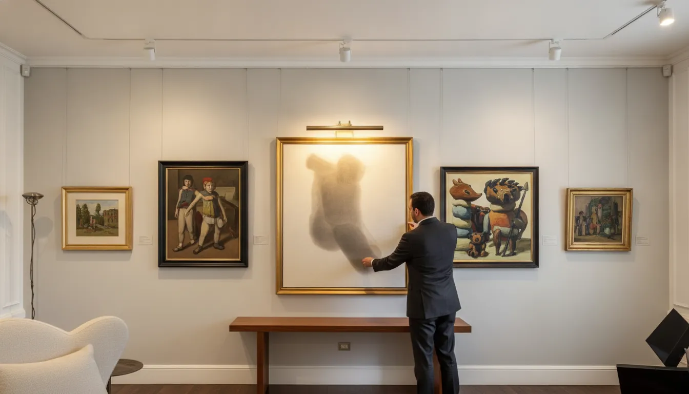 A carefully arranged fine art wall in an elegant residential gallery setting with even spacing and warm picture lights