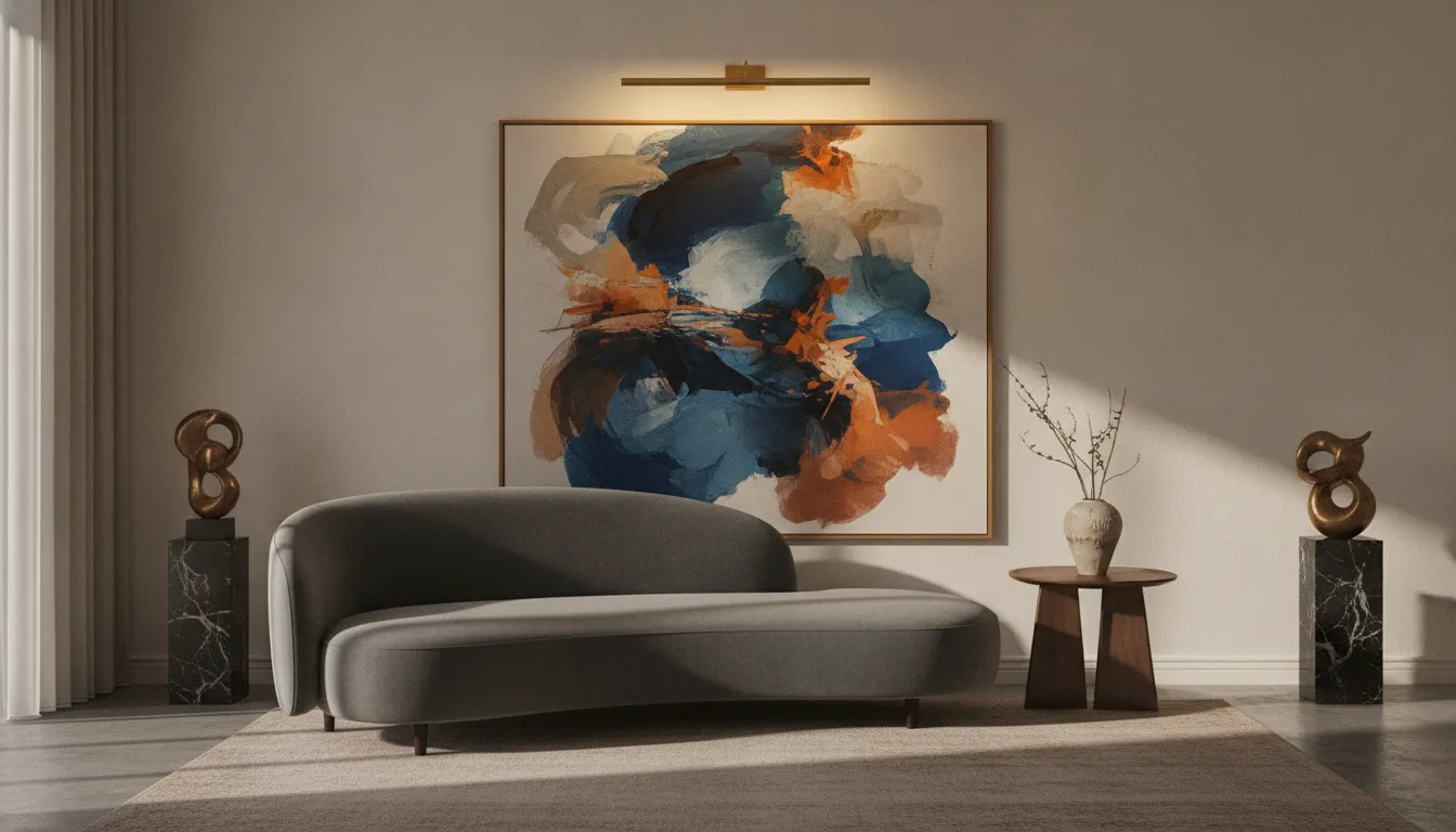 Gallery picture light illuminating a large abstract painting in a collector's home