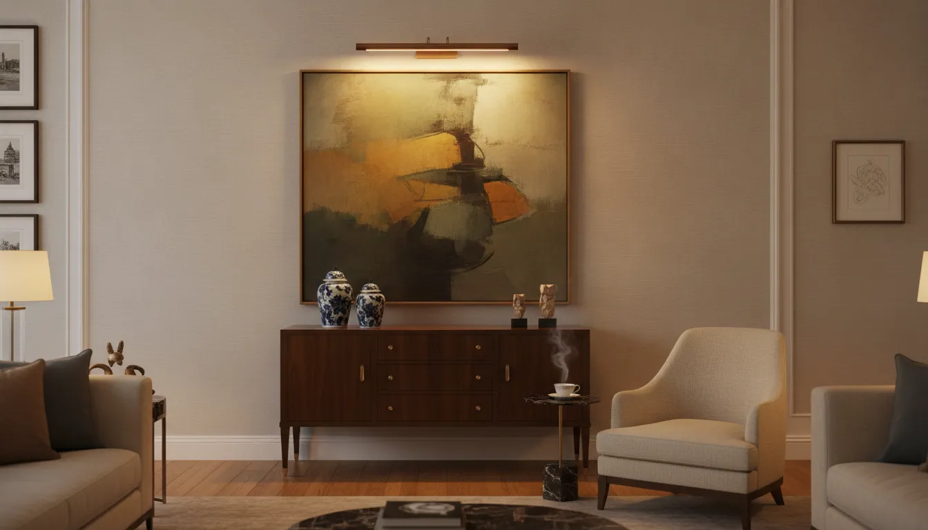 A fine art painting softly illuminated by a picture light in a calm luxury living room at dusk with warm layered lighting