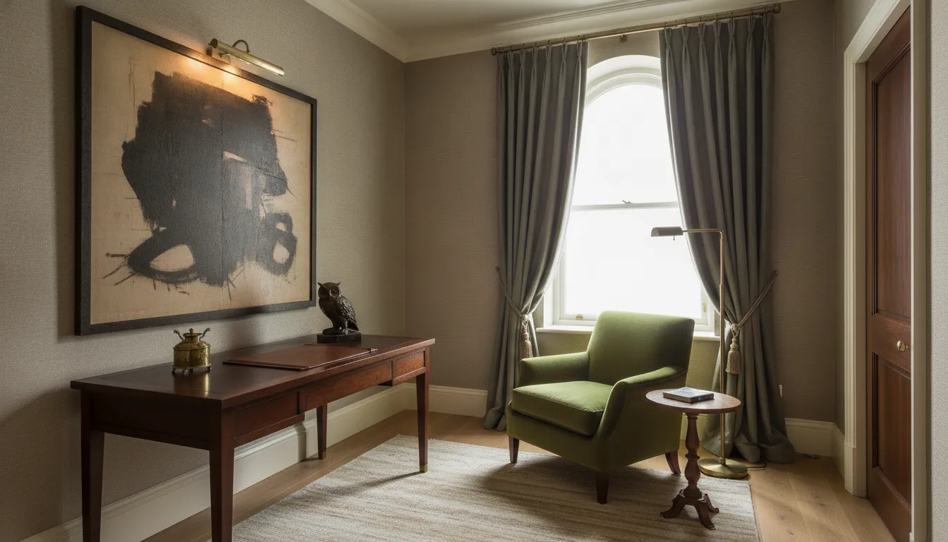 A private study with a closed wood door, upholstered walls, a rug, and one artwork above a desk