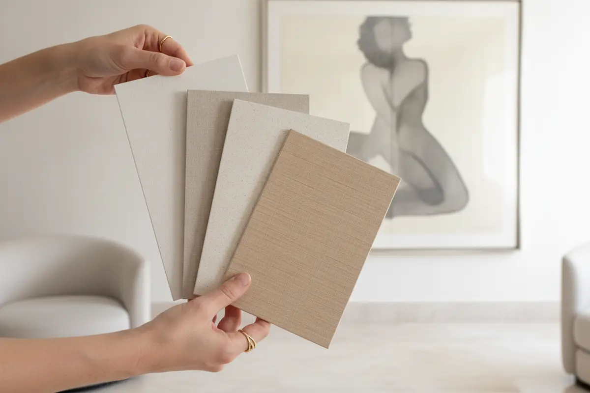 Wall-finish samples with varied texture and sheen reviewed beside contemporary artwork