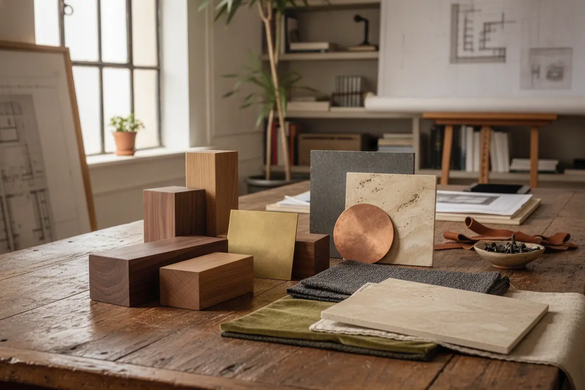 Wood, metal, stone, and textile samples considered for bespoke furniture