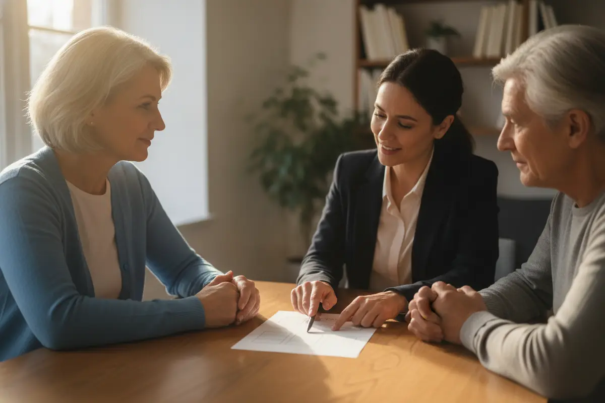 A family member and rehabilitation professional discuss a long-term care plan