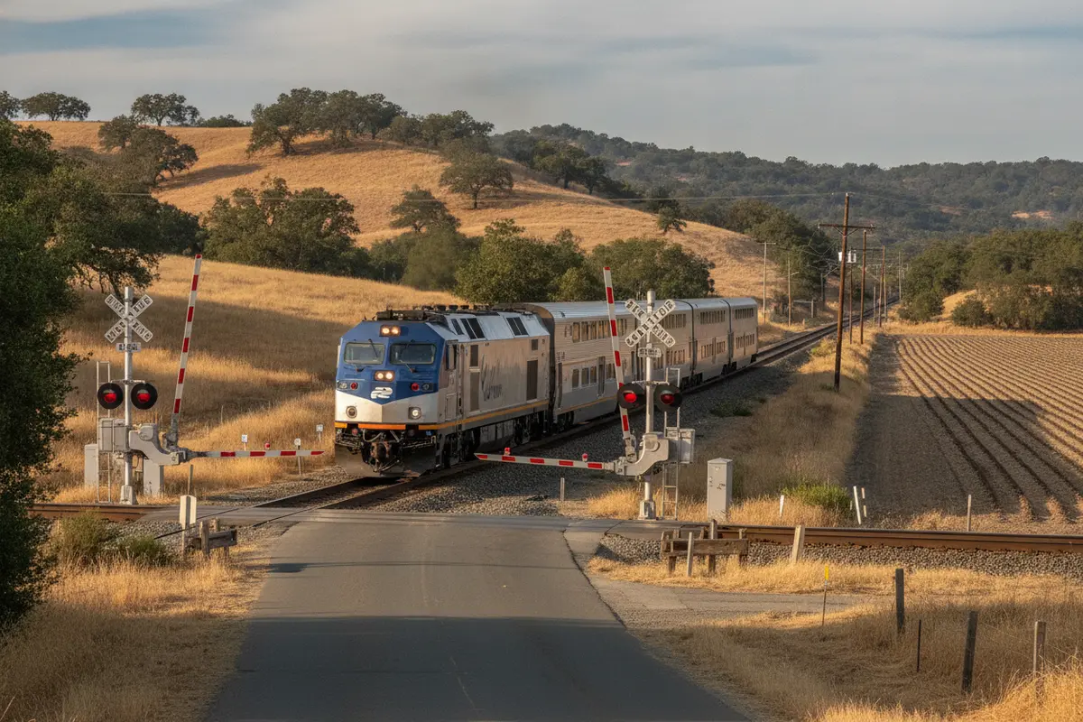 A passenger train approaches a Sacramento-area road crossing with its warning gate lowered