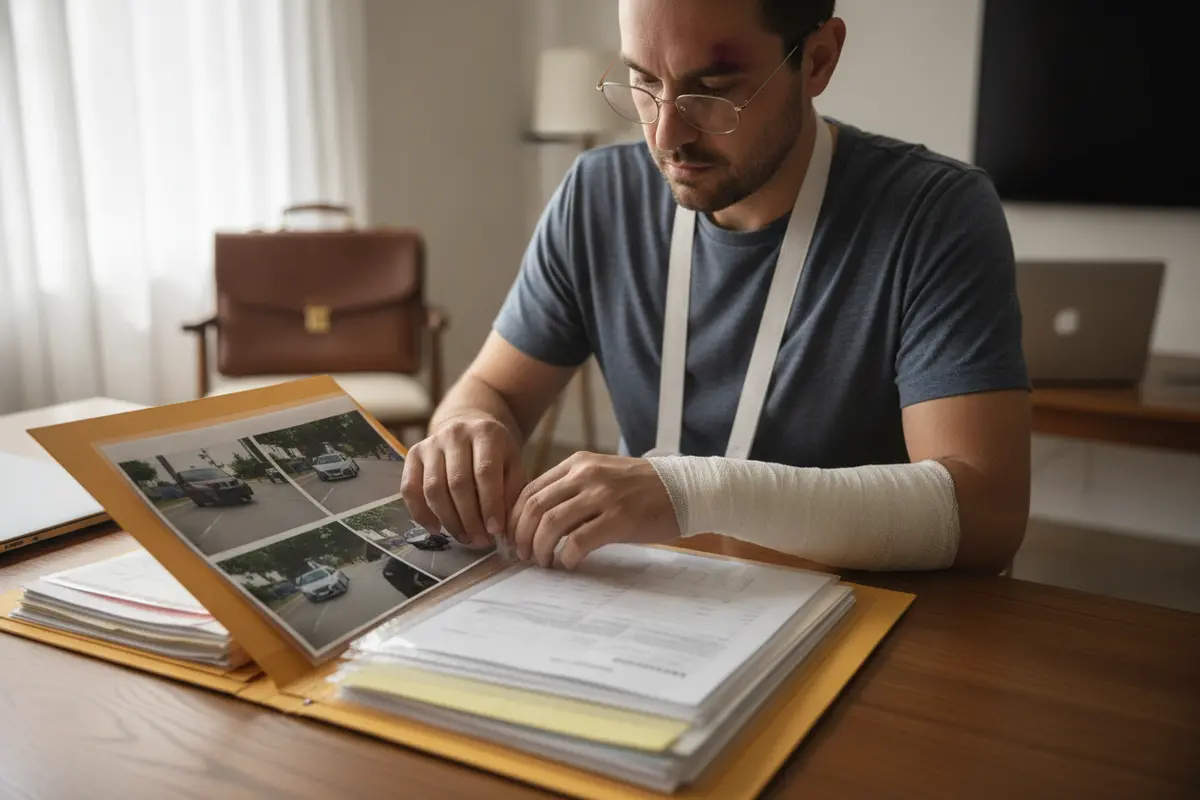 A person organizing incident photographs and medical paperwork before a legal consultation