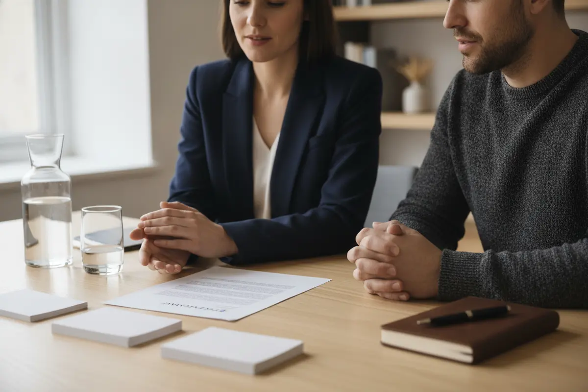An attorney and client reviewing fee terms and case expenses together
