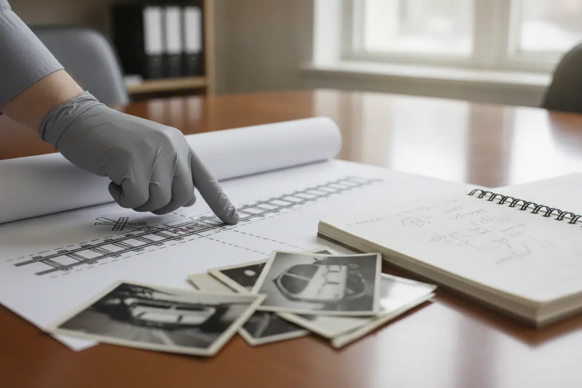 An investigator reviews photographs and a crossing diagram after a train collision