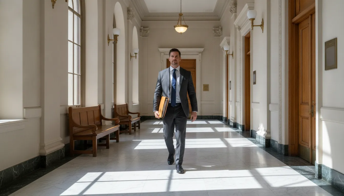 California civil courthouse hallway during personal injury litigation