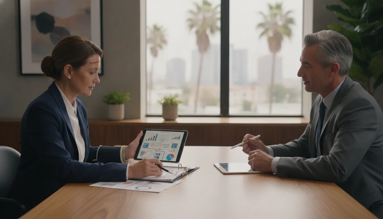 Injured person reviewing future medical costs with legal counsel