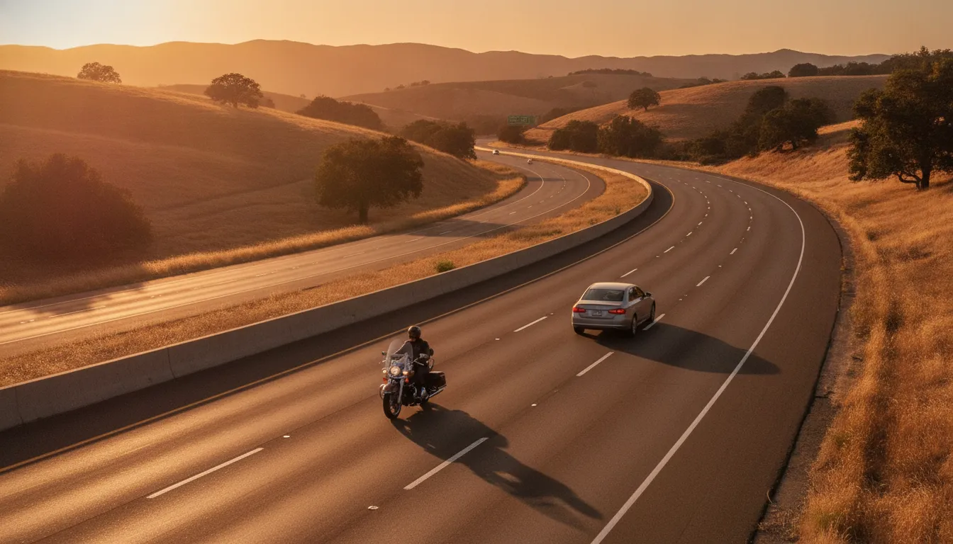 Motorcyclist traveling safely on a California road